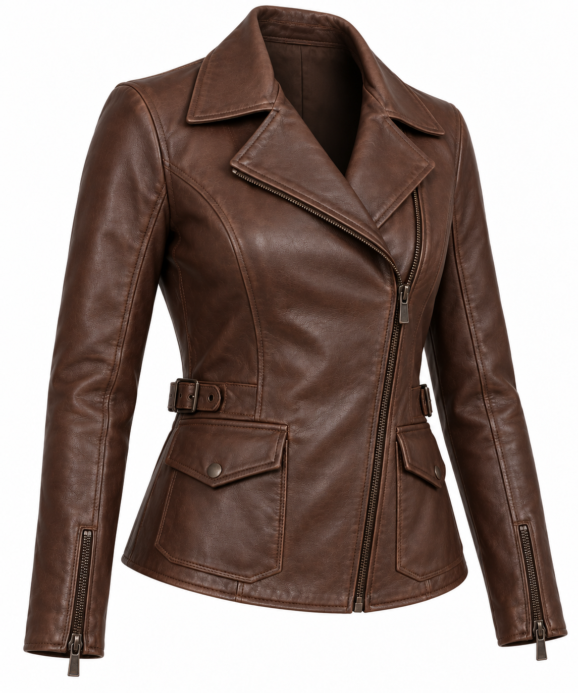 Women’s Brown Sheepskin Leather Buckle-Waist Asymmetric Moto Jacket — W006