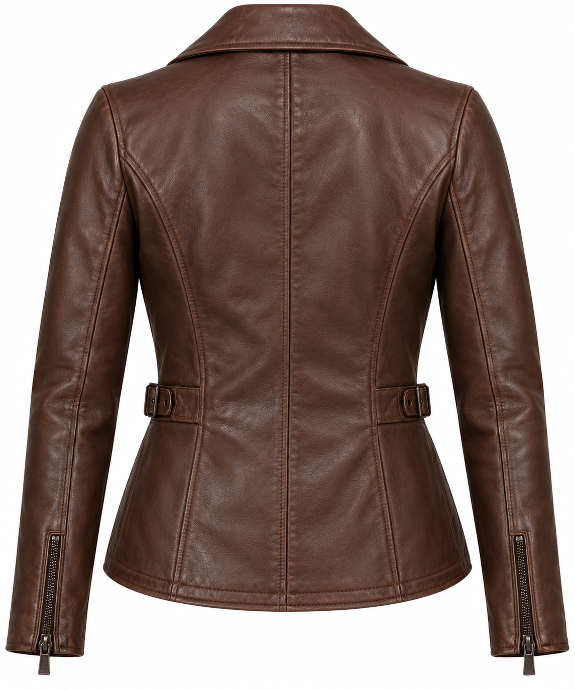 Women’s Brown Sheepskin Leather Buckle-Waist Asymmetric Moto Jacket — W006