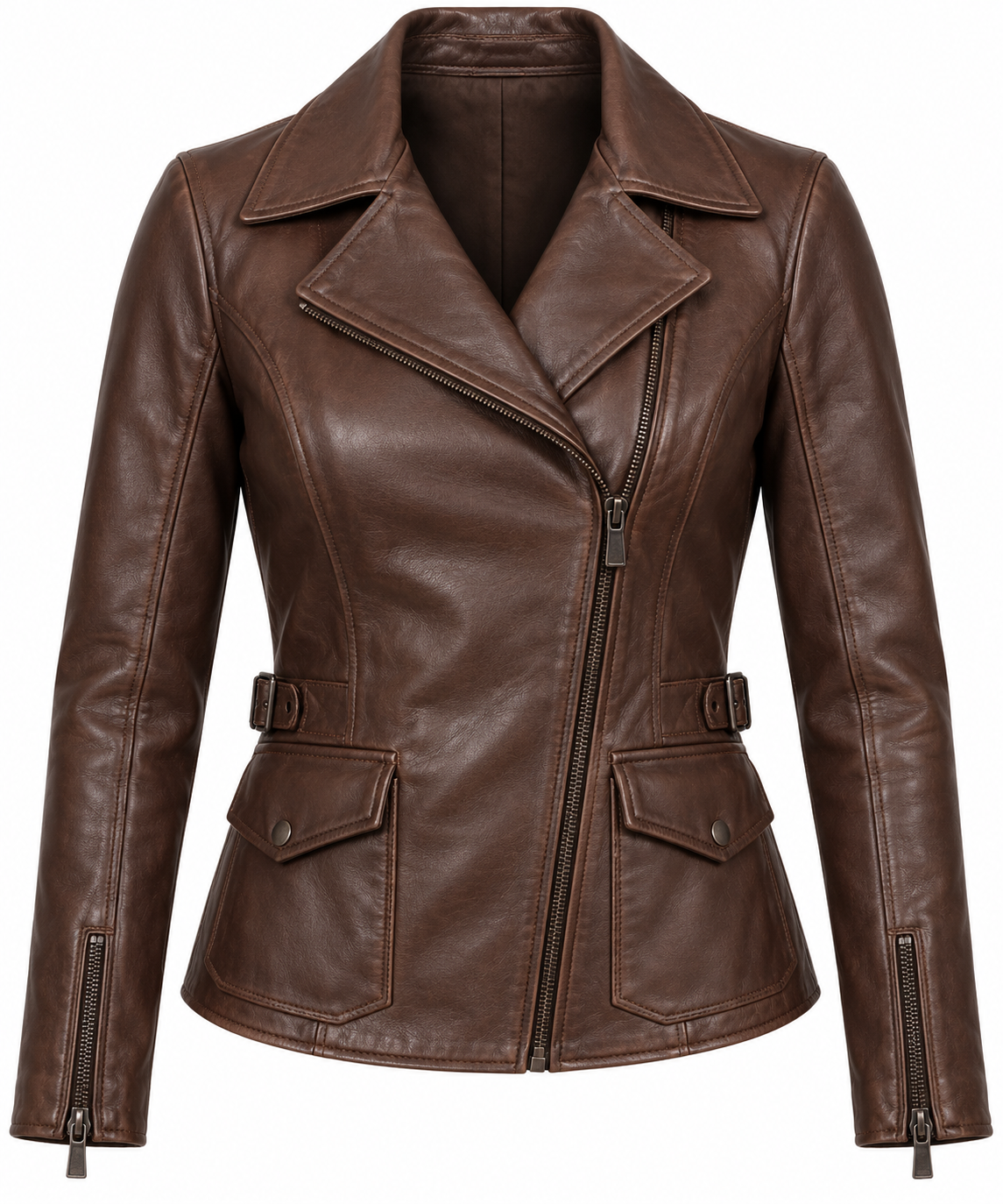 Women’s Brown Sheepskin Leather Buckle-Waist Asymmetric Moto Jacket — W006