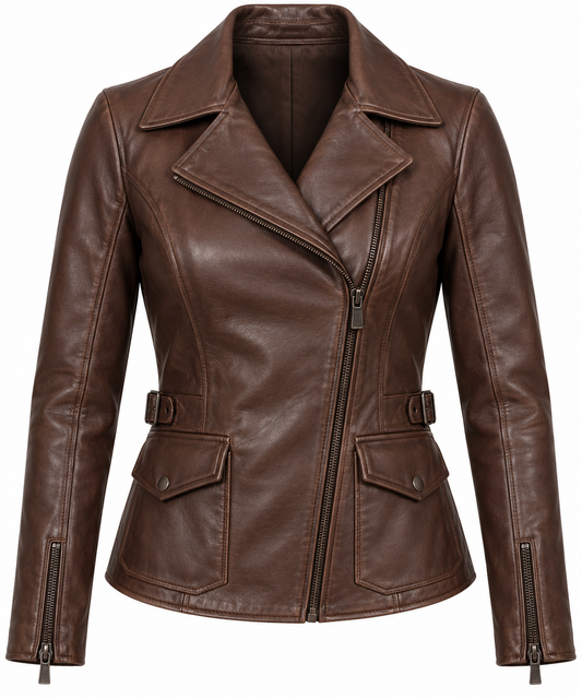 Women’s Brown Sheepskin Leather Buckle-Waist Asymmetric Moto Jacket — W006
