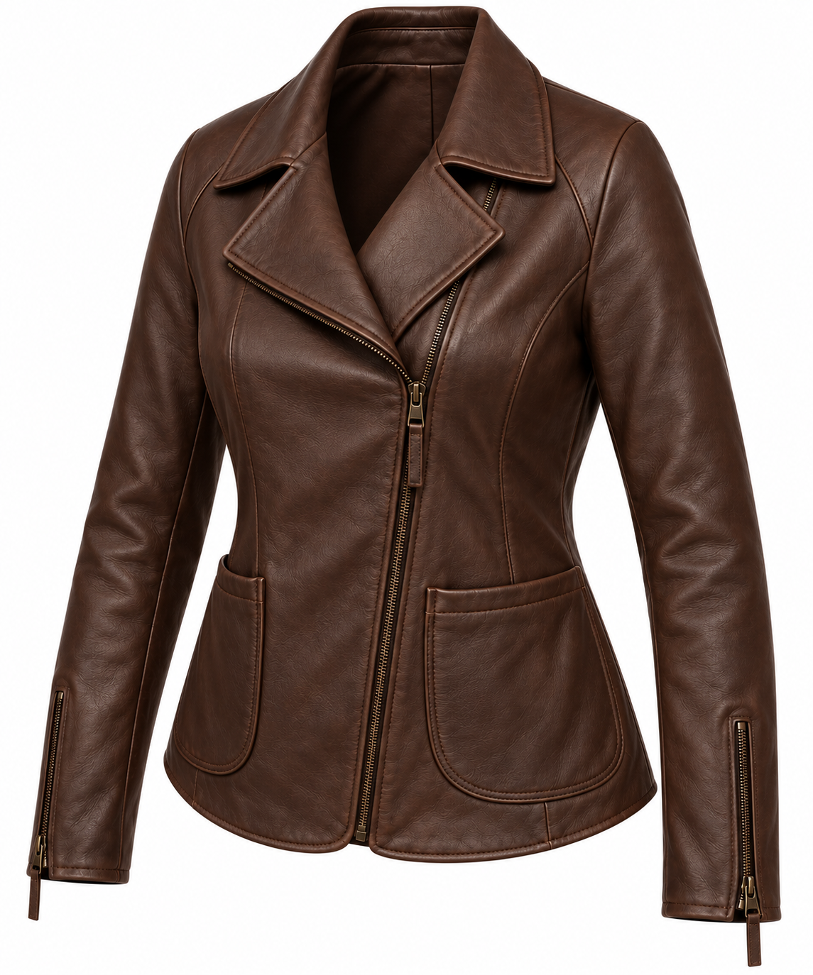 Women’s Brown Sheepskin Leather Raglan Asymmetric Moto Jacket — W007