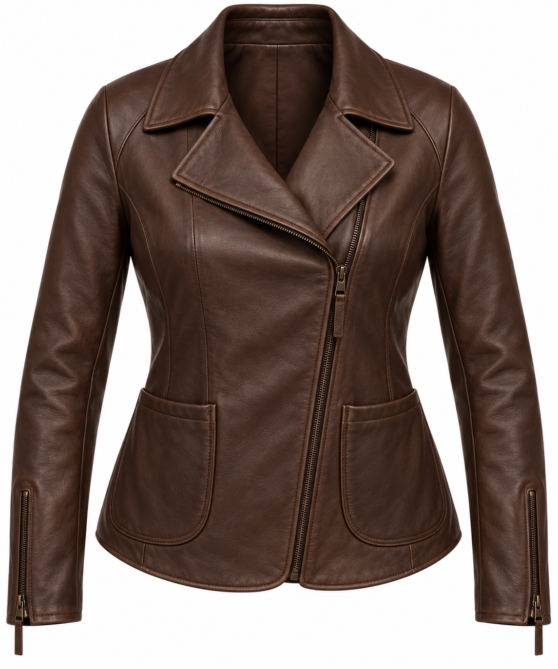 Women’s Brown Sheepskin Leather Raglan Asymmetric Moto Jacket — W007