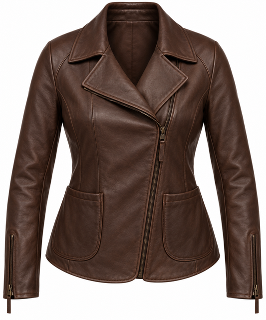 Women’s Brown Sheepskin Leather Raglan Asymmetric Moto Jacket — W007