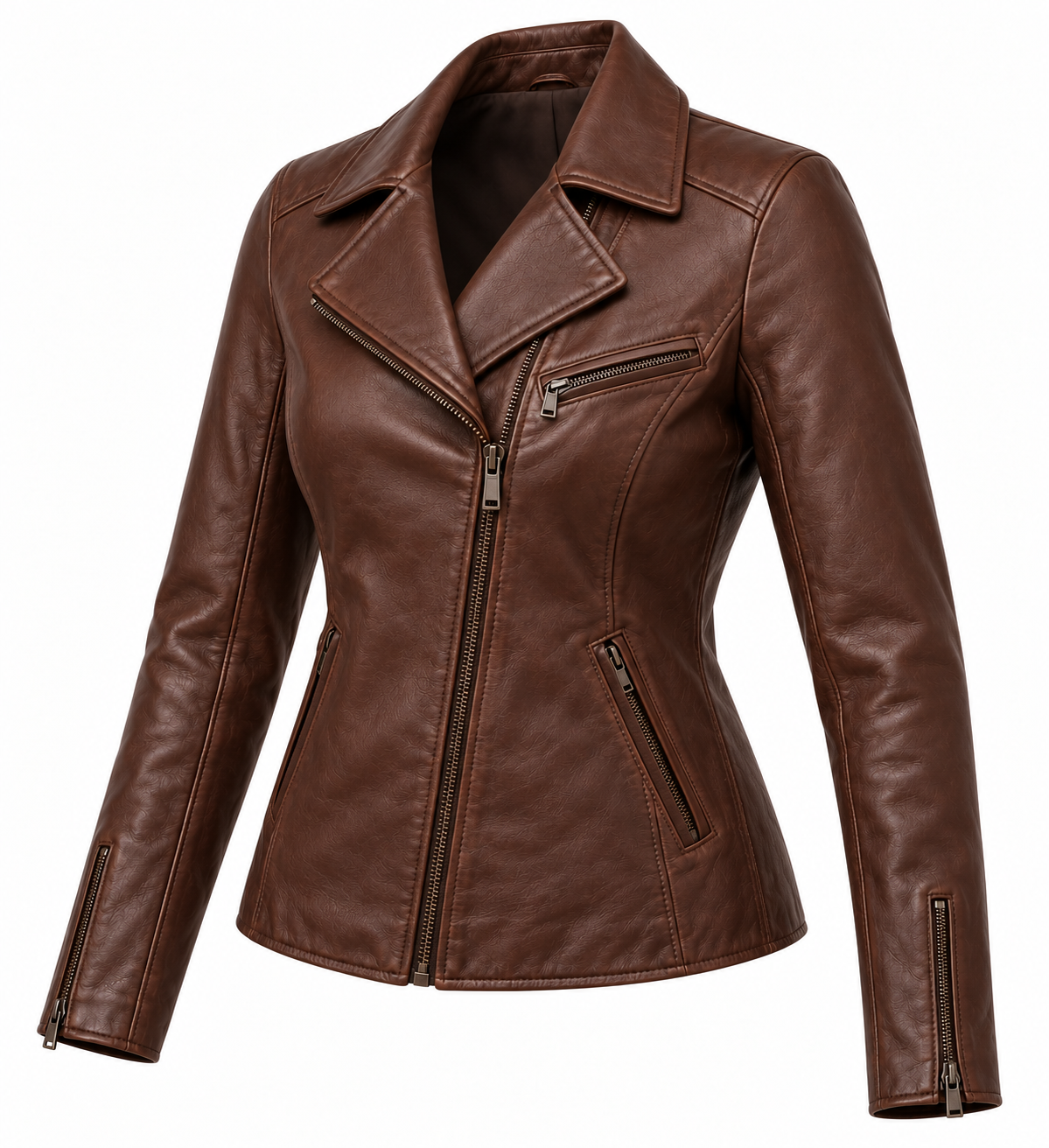 Women’s Brown Sheepskin Leather Chest-Zip Asymmetric Moto Jacket — W008