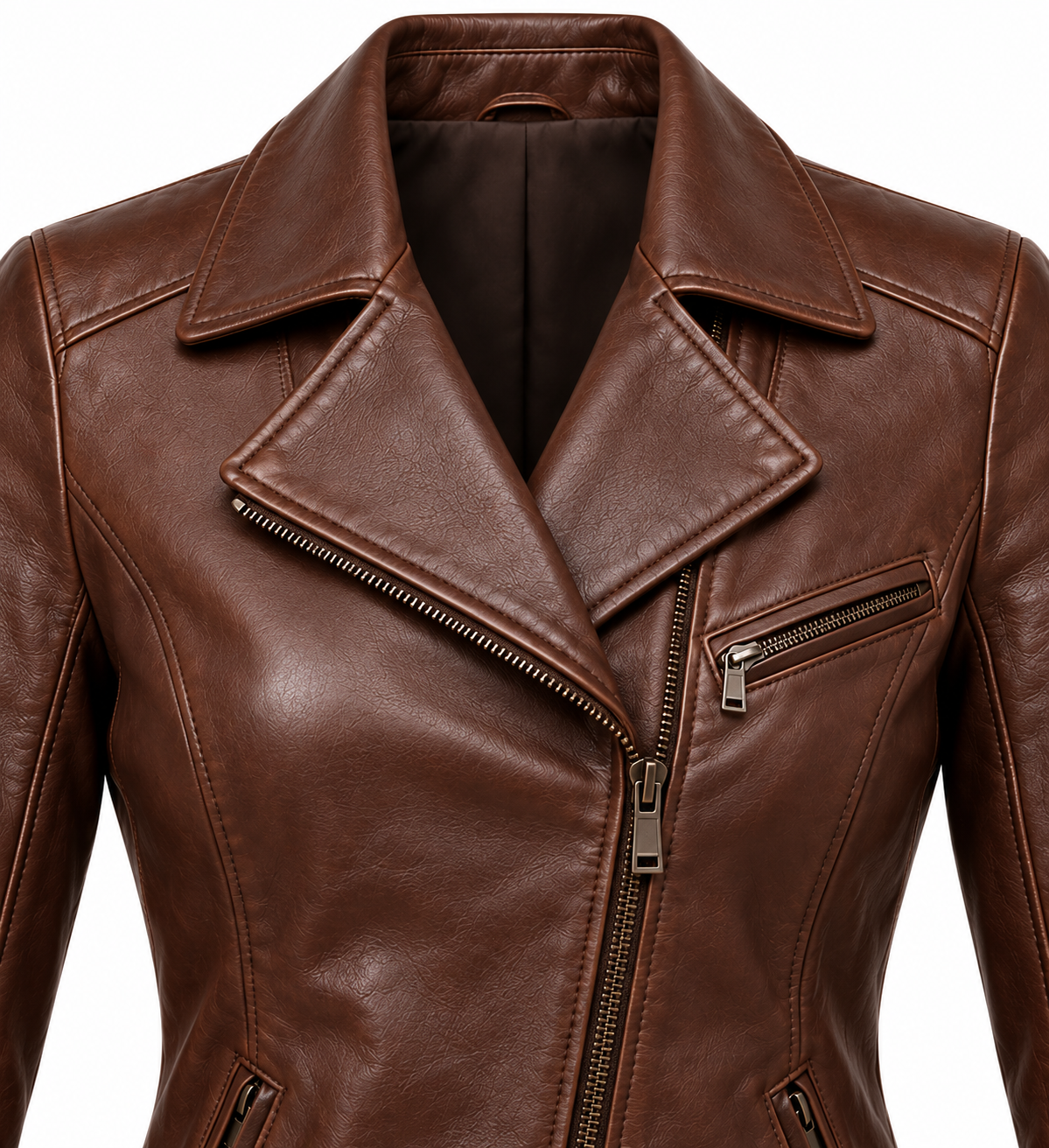 Women’s Brown Sheepskin Leather Chest-Zip Asymmetric Moto Jacket — W008