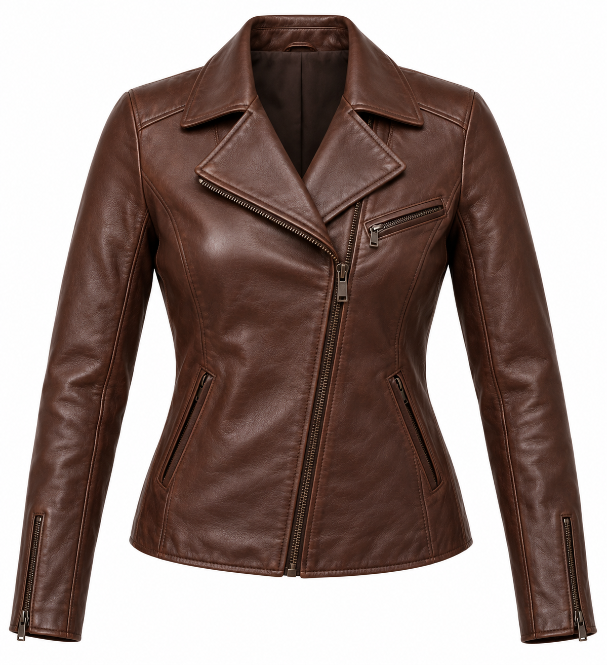 Women’s Brown Sheepskin Leather Chest-Zip Asymmetric Moto Jacket — W008