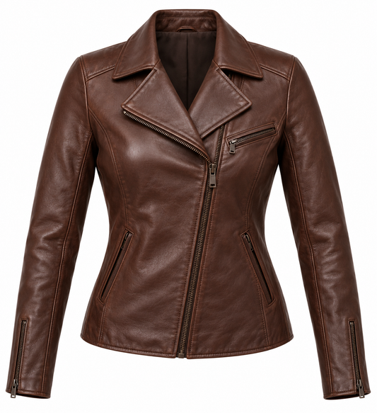 Women’s Brown Sheepskin Leather Chest-Zip Asymmetric Moto Jacket — W008