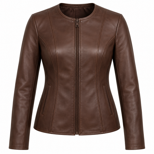 Women’s Brown Sheepskin Leather Princess-Seam Collarless Zip Jacket — W011