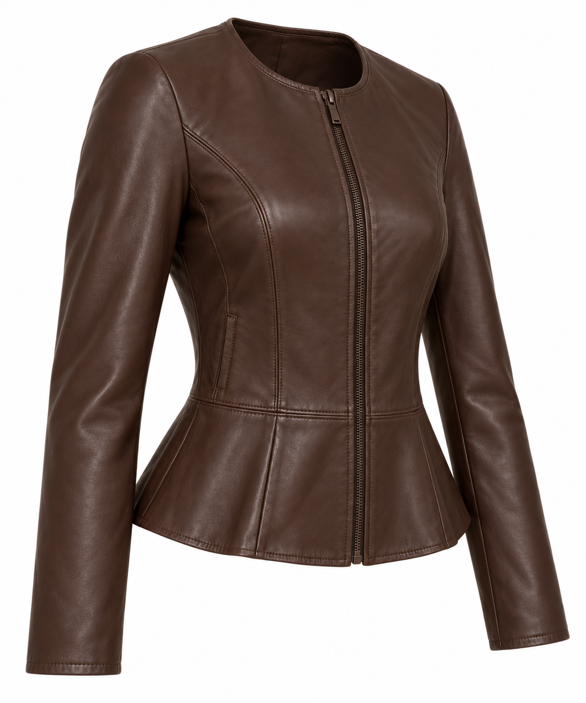 Women’s Brown Sheepskin Leather Peplum Collarless Zip Jacket — W012