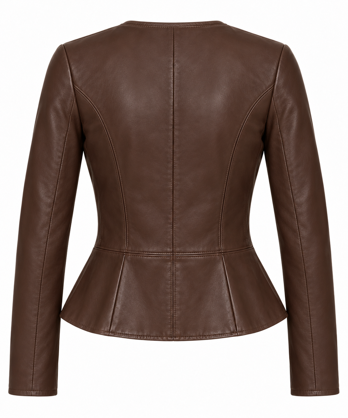 Women’s Brown Sheepskin Leather Peplum Collarless Zip Jacket — W012
