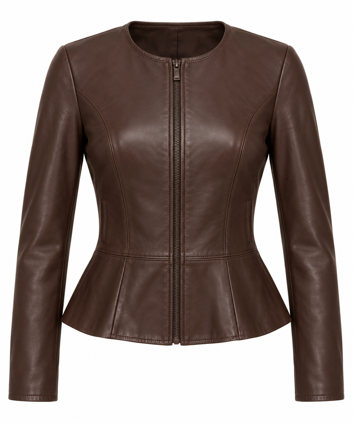 Women’s Brown Sheepskin Leather Peplum Collarless Zip Jacket — W012