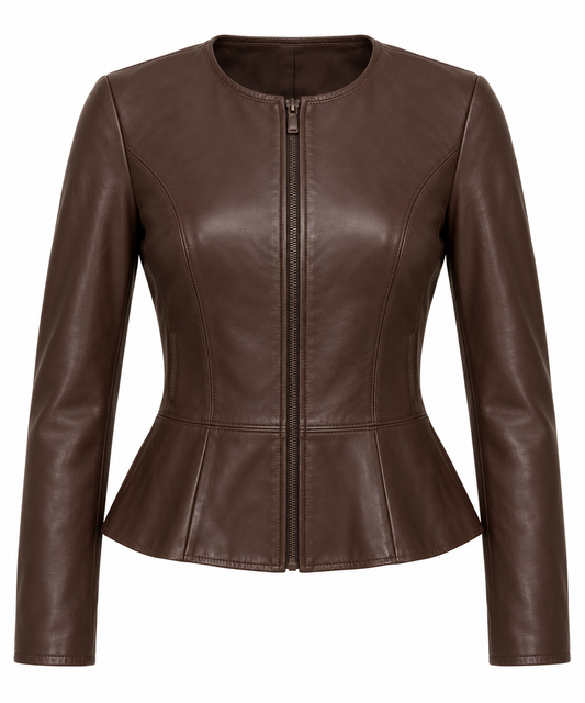 Women’s Brown Sheepskin Leather Peplum Collarless Zip Jacket — W012