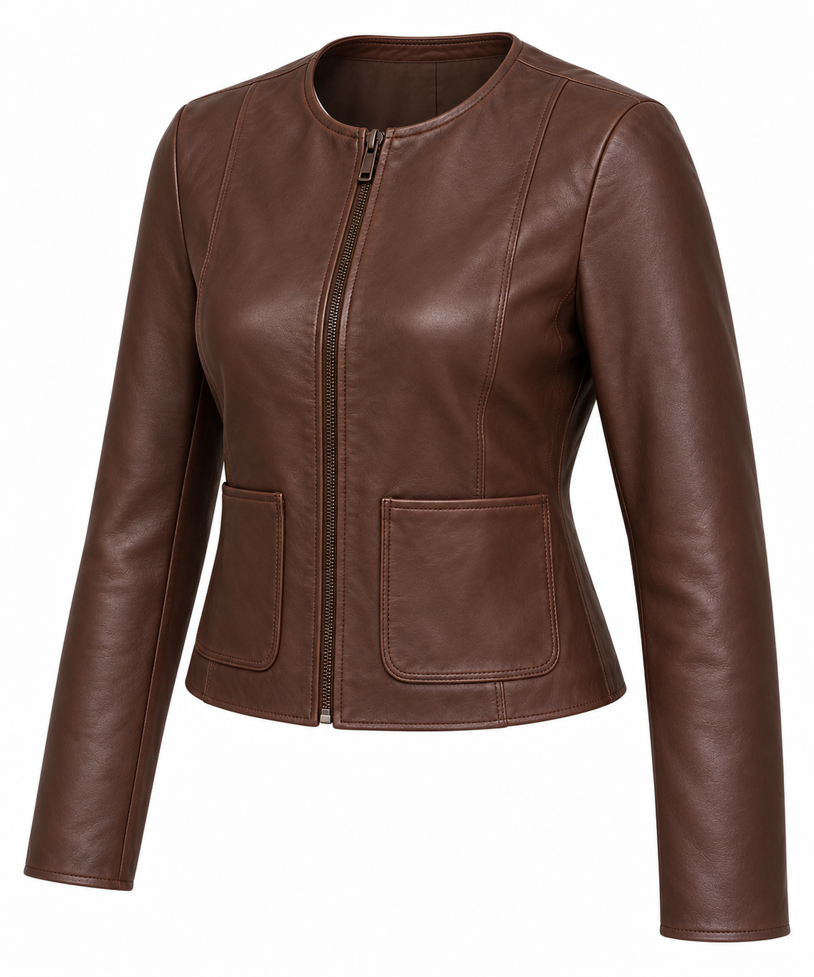 Women’s Brown Sheepskin Leather Cropped Patch-Pocket Collarless Zip Jacket — W013