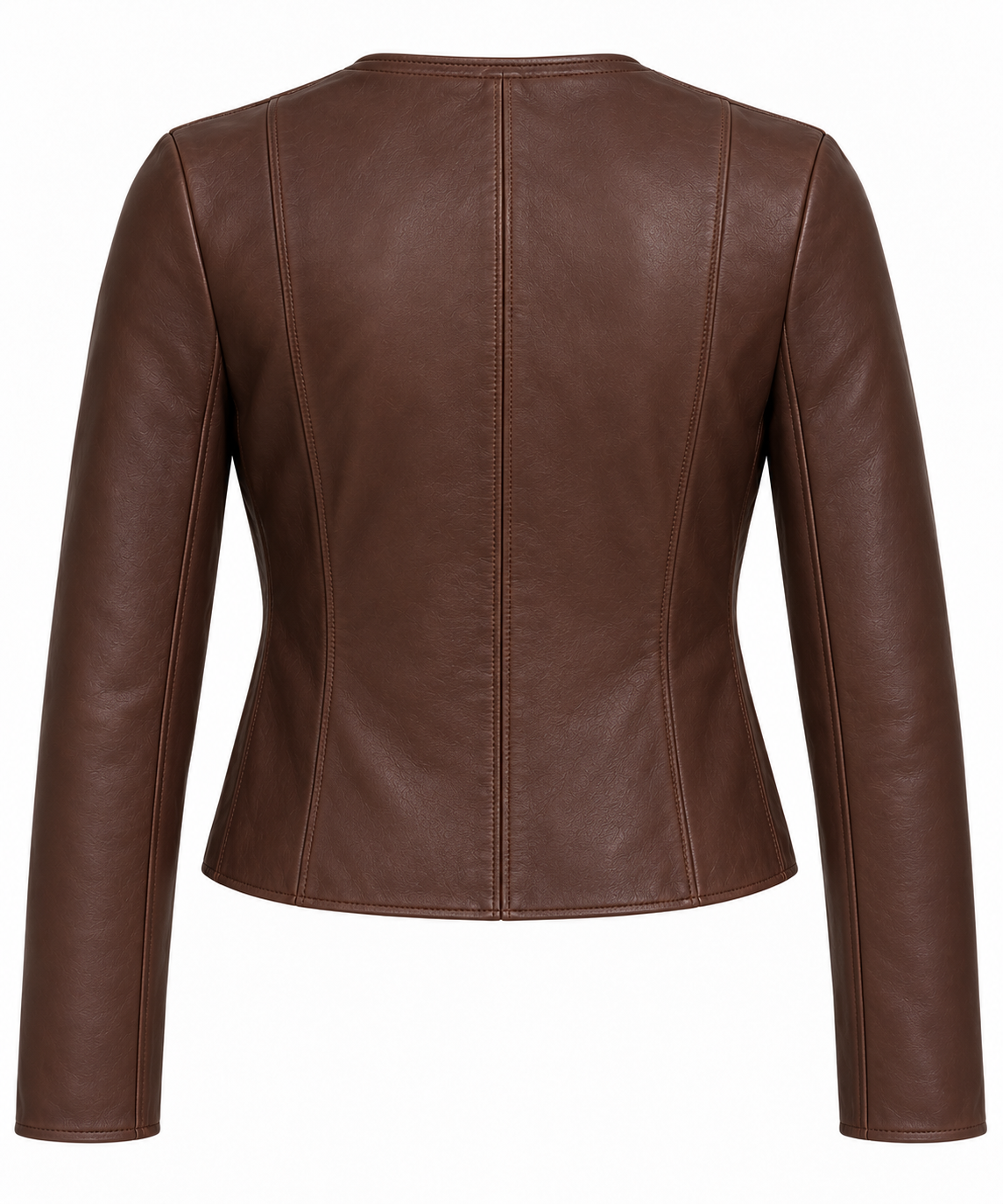 Women’s Brown Sheepskin Leather Cropped Patch-Pocket Collarless Zip Jacket — W013
