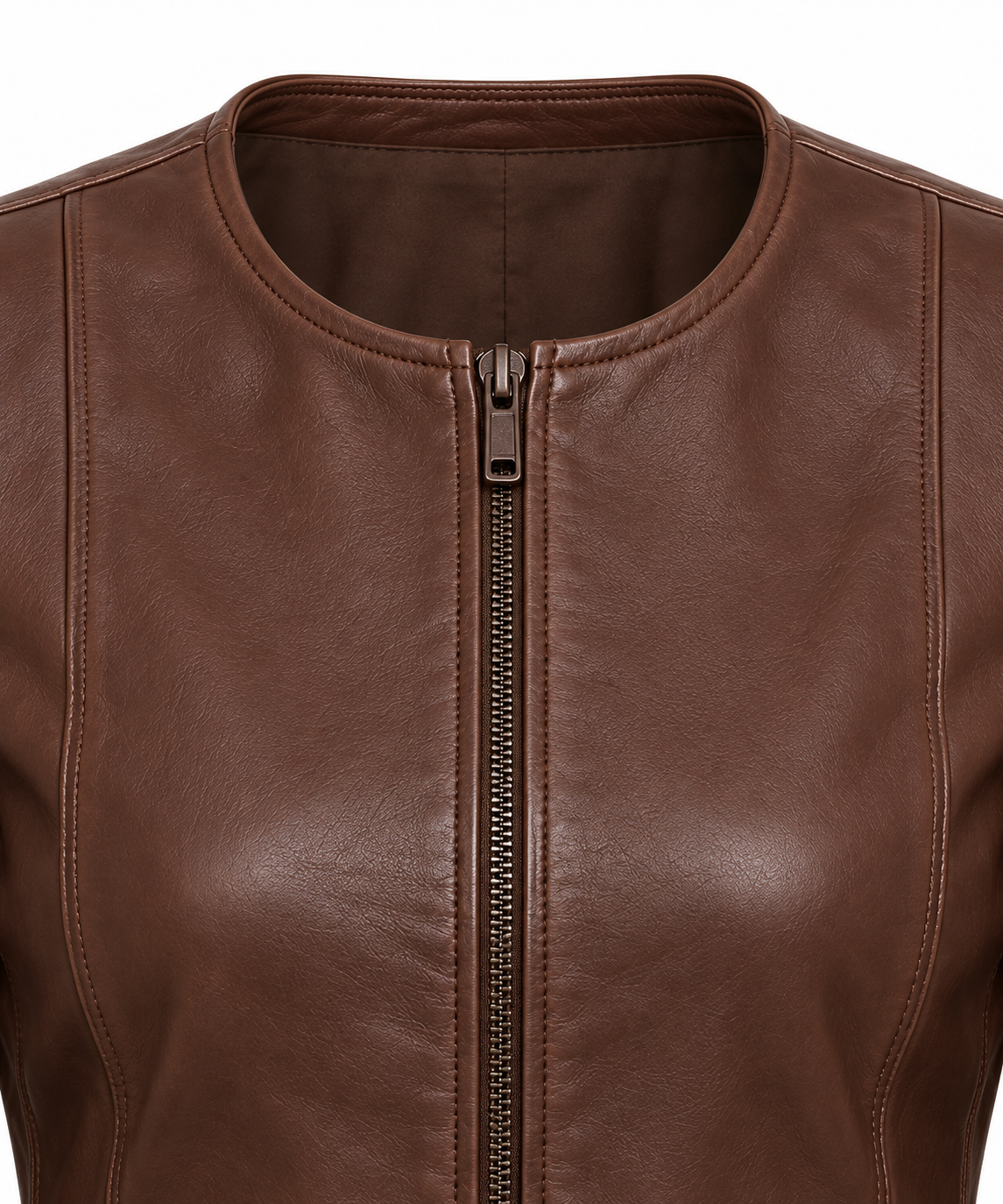 Women’s Brown Sheepskin Leather Cropped Patch-Pocket Collarless Zip Jacket — W013