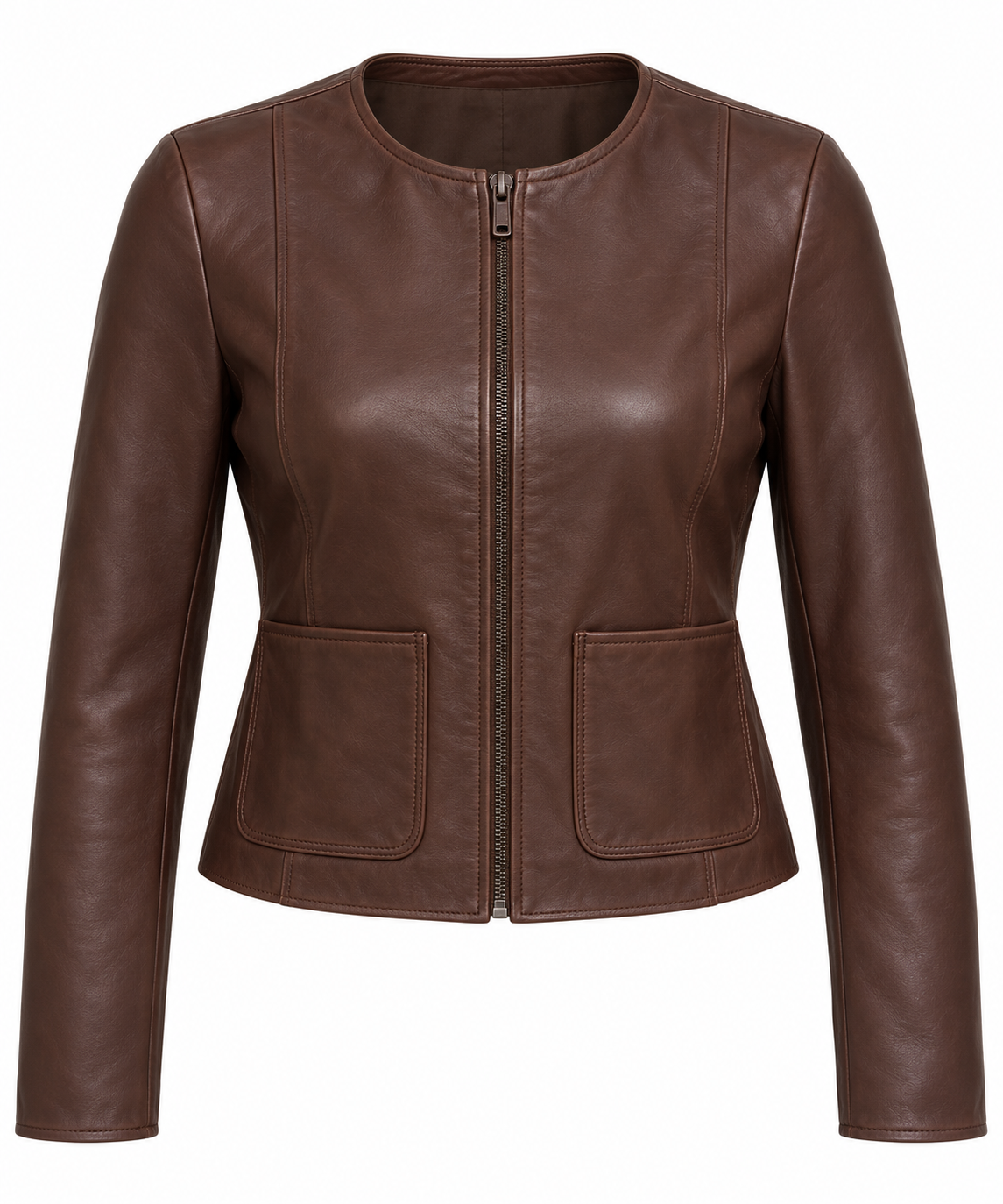 Women’s Brown Sheepskin Leather Cropped Patch-Pocket Collarless Zip Jacket — W013