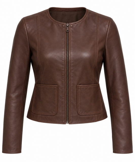 Women’s Brown Sheepskin Leather Cropped Patch-Pocket Collarless Zip Jacket — W013