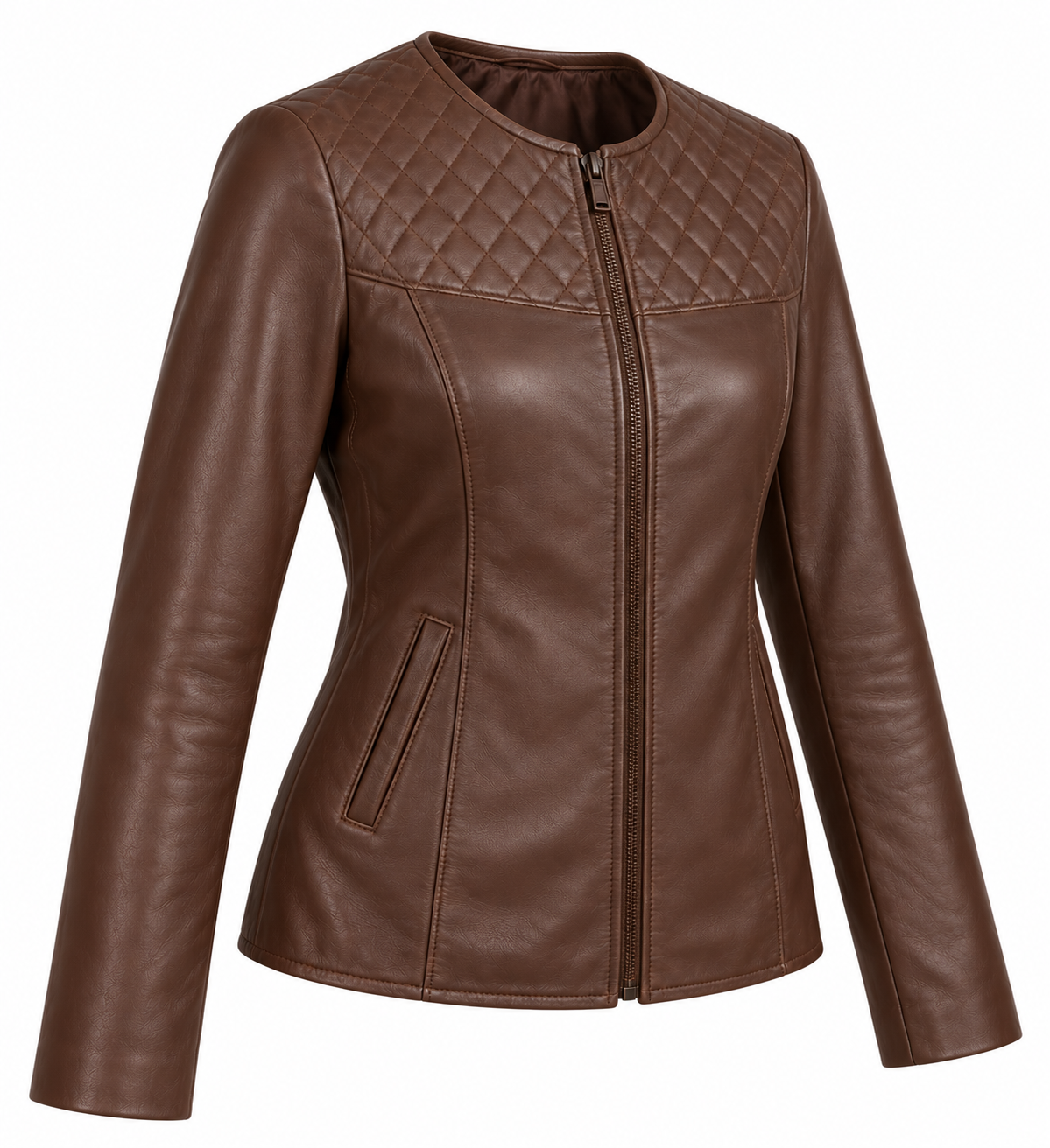 Women’s Brown Sheepskin Leather Diamond-Yoke Collarless Zip Jacket — W014
