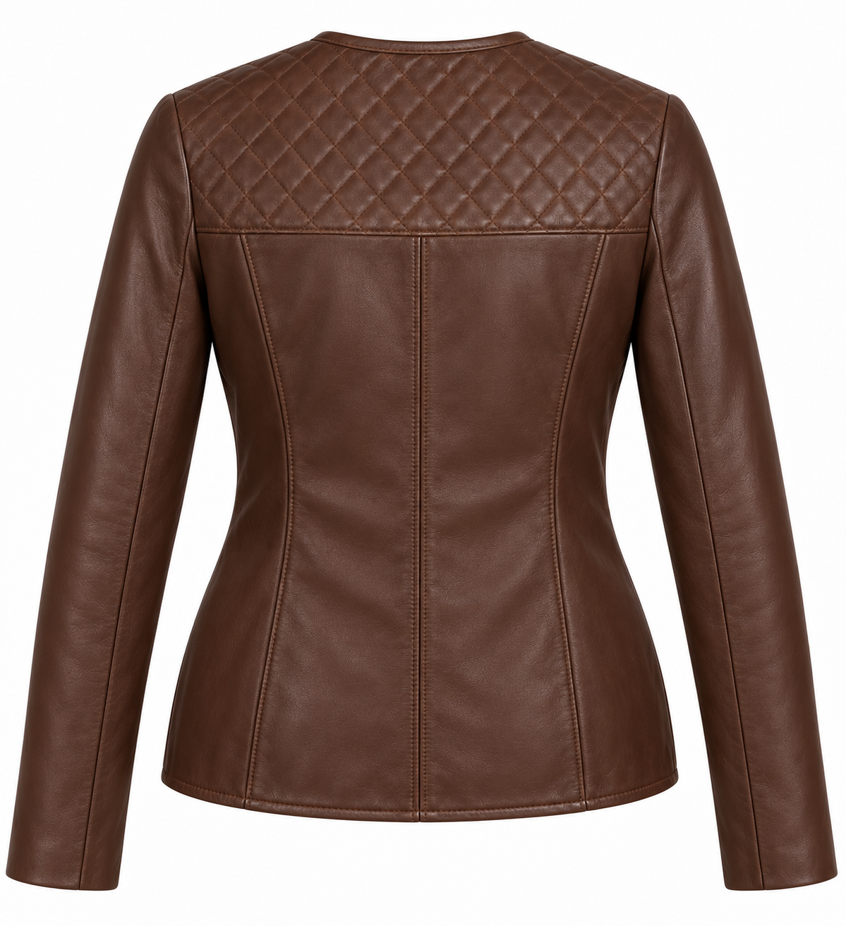 Women’s Brown Sheepskin Leather Diamond-Yoke Collarless Zip Jacket — W014