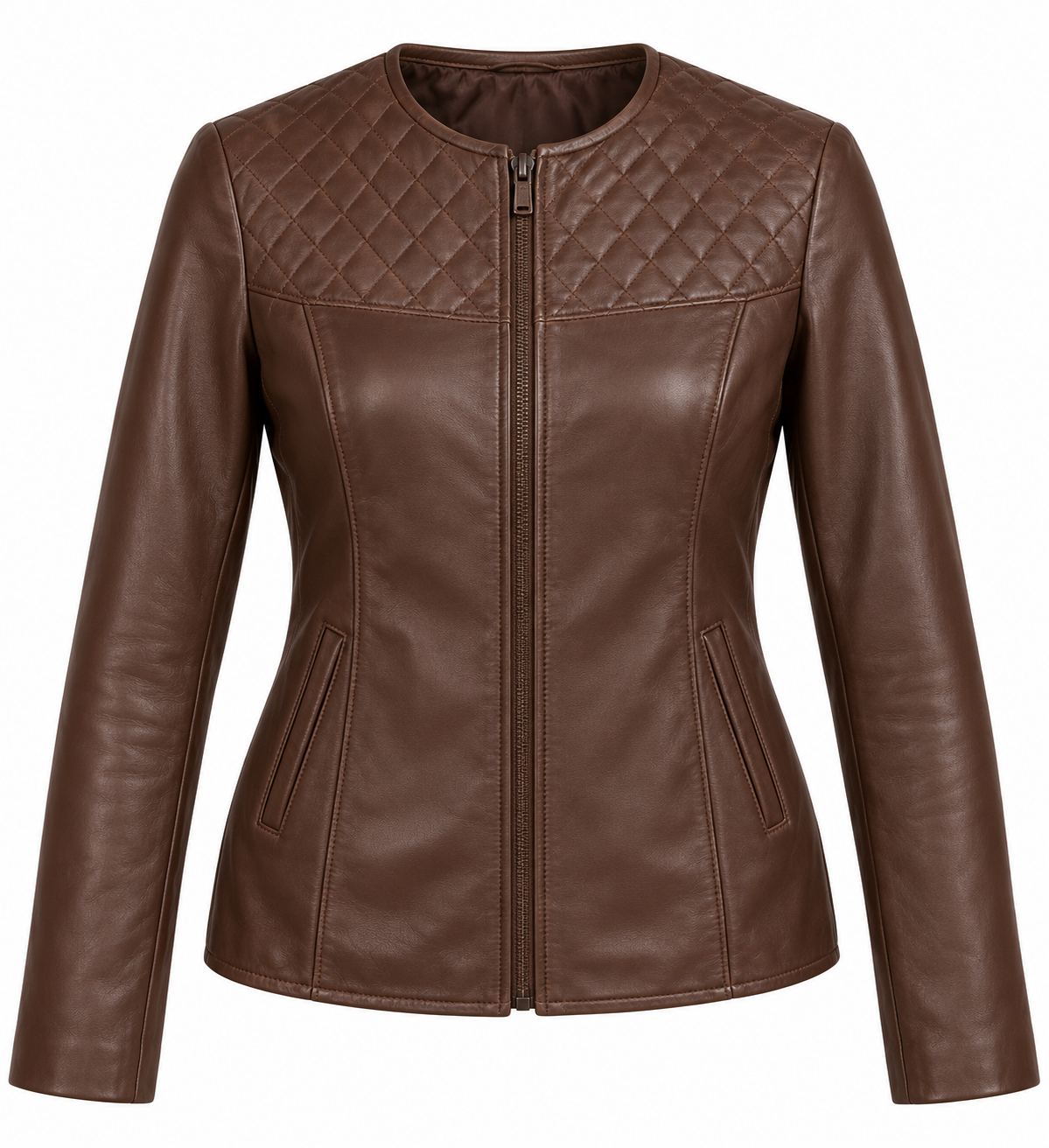 Women’s Brown Sheepskin Leather Diamond-Yoke Collarless Zip Jacket — W014