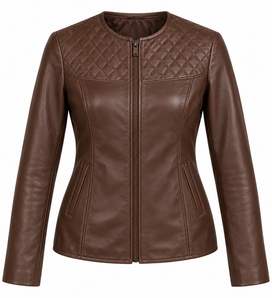Women’s Brown Sheepskin Leather Diamond-Yoke Collarless Zip Jacket — W014