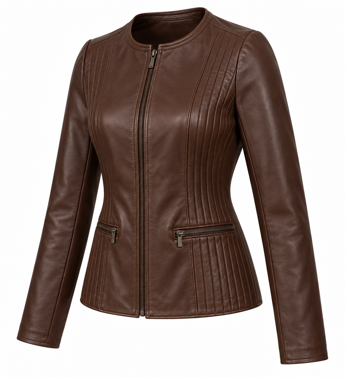 Women’s Brown Sheepskin Leather Channel-Panel Collarless Zip Jacket — W015