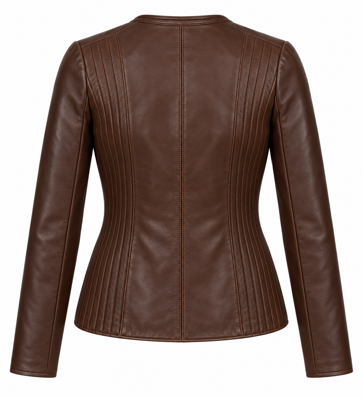 Women’s Brown Sheepskin Leather Channel-Panel Collarless Zip Jacket — W015
