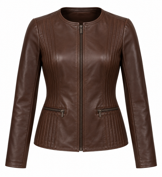 Women’s Brown Sheepskin Leather Channel-Panel Collarless Zip Jacket — W015