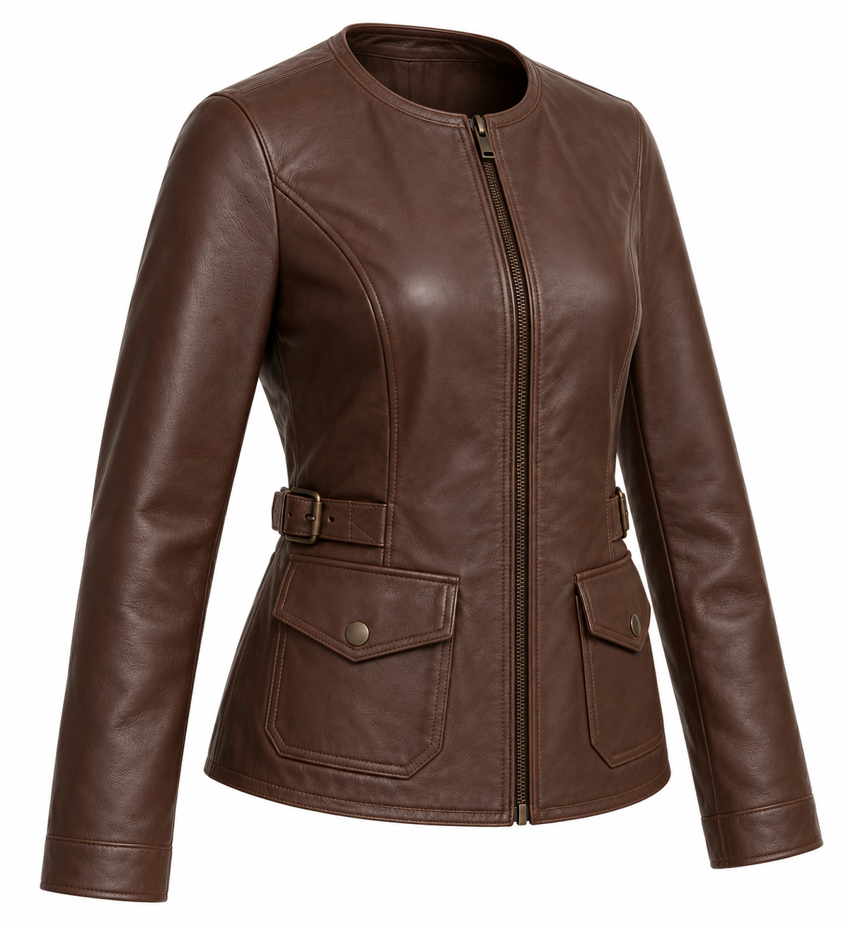 Women’s Brown Sheepskin Leather Buckle-Waist Collarless Zip Jacket — W016
