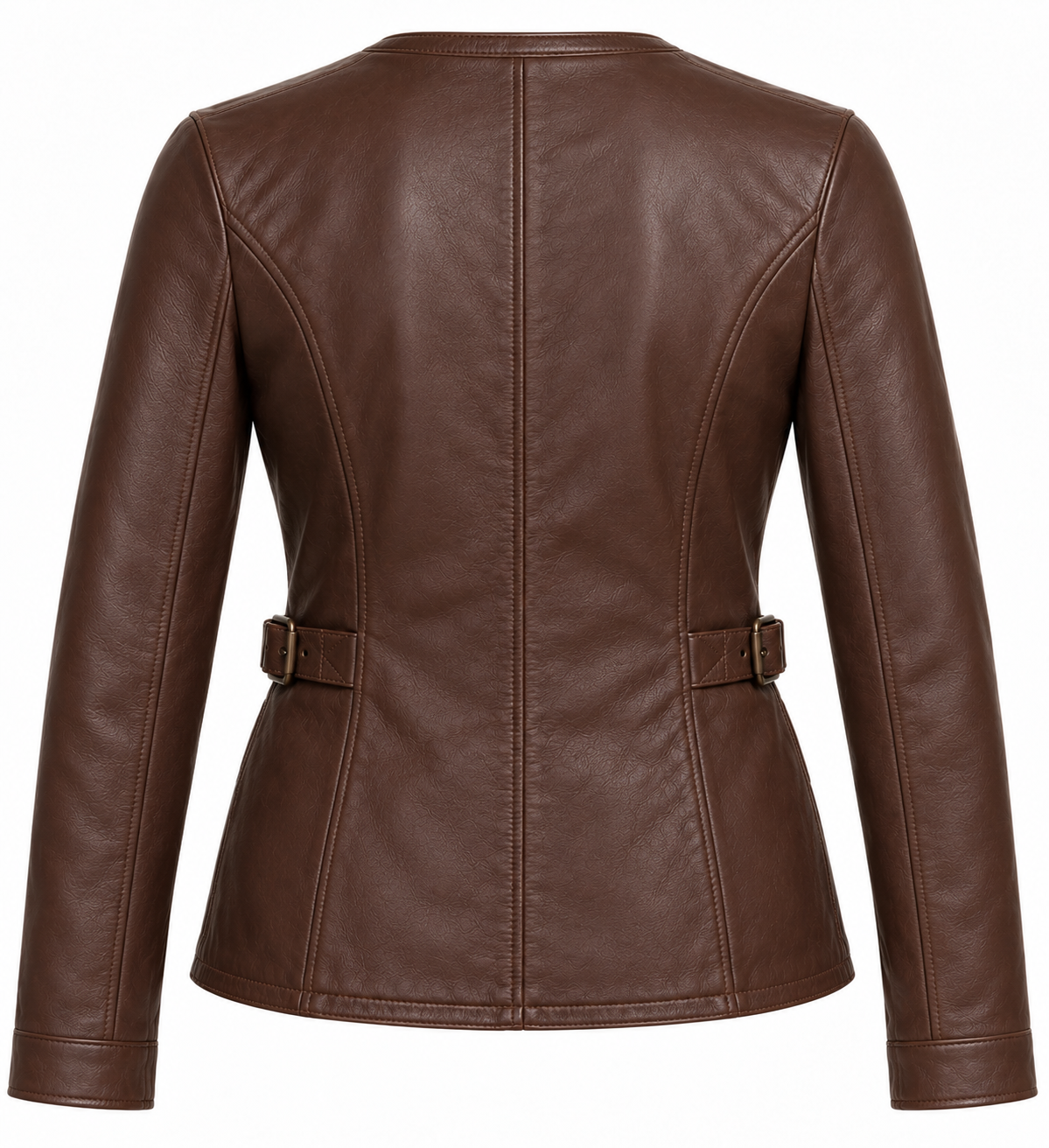 Women’s Brown Sheepskin Leather Buckle-Waist Collarless Zip Jacket — W016