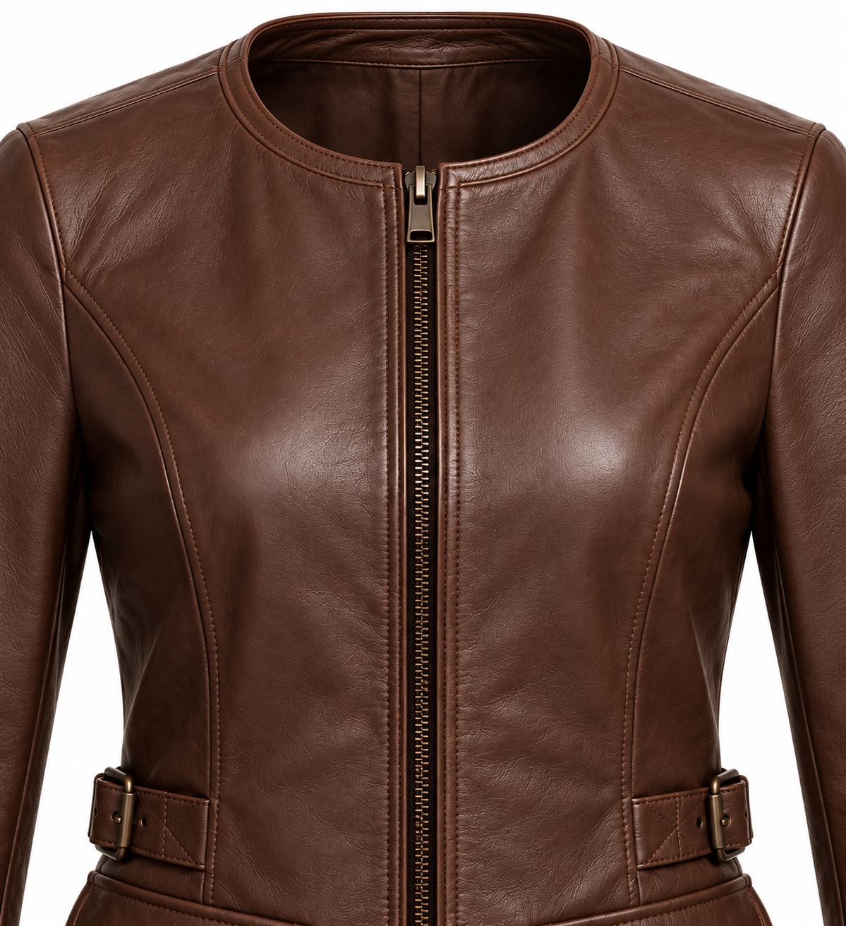 Women’s Brown Sheepskin Leather Buckle-Waist Collarless Zip Jacket — W016