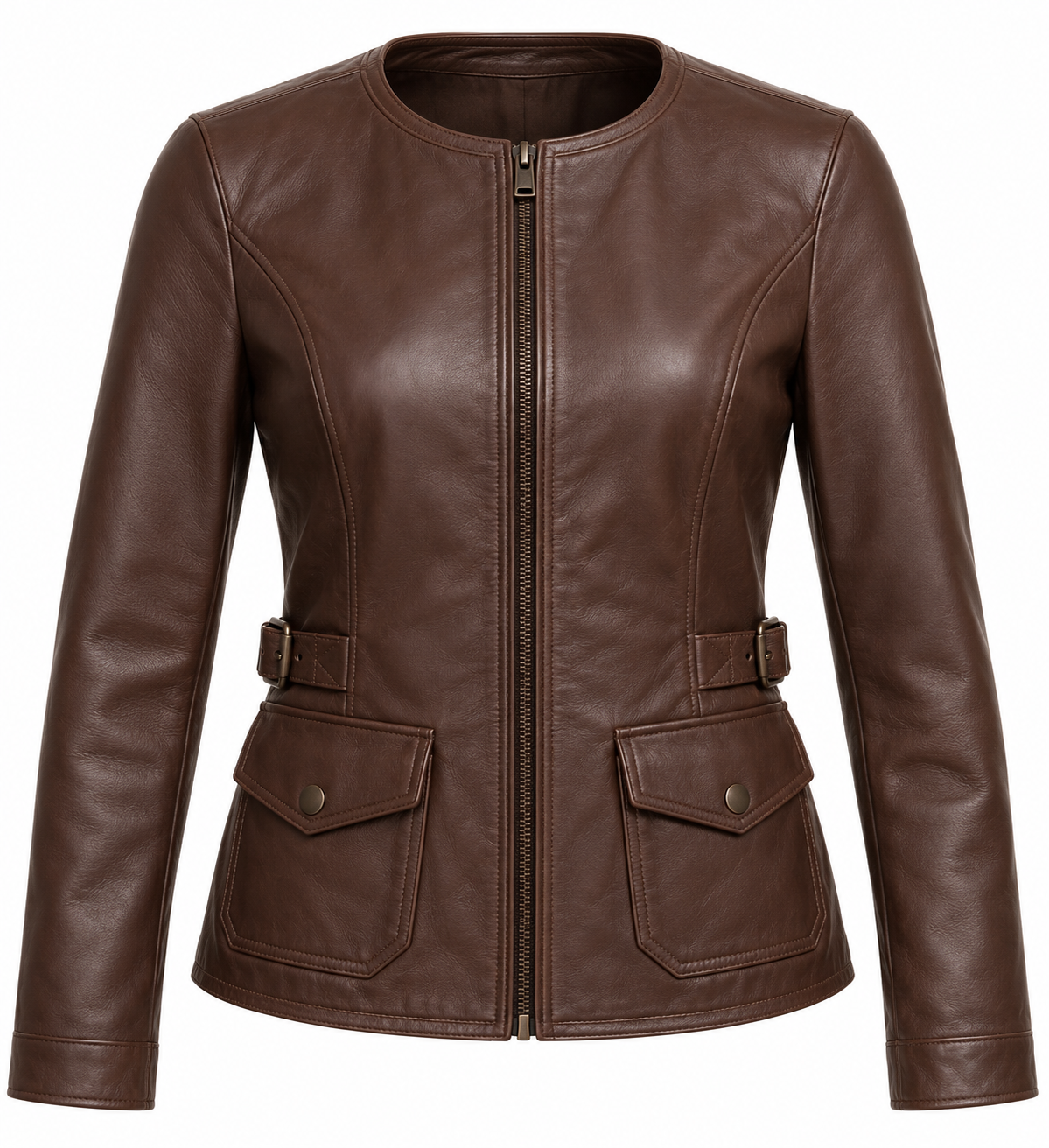Women’s Brown Sheepskin Leather Buckle-Waist Collarless Zip Jacket — W016