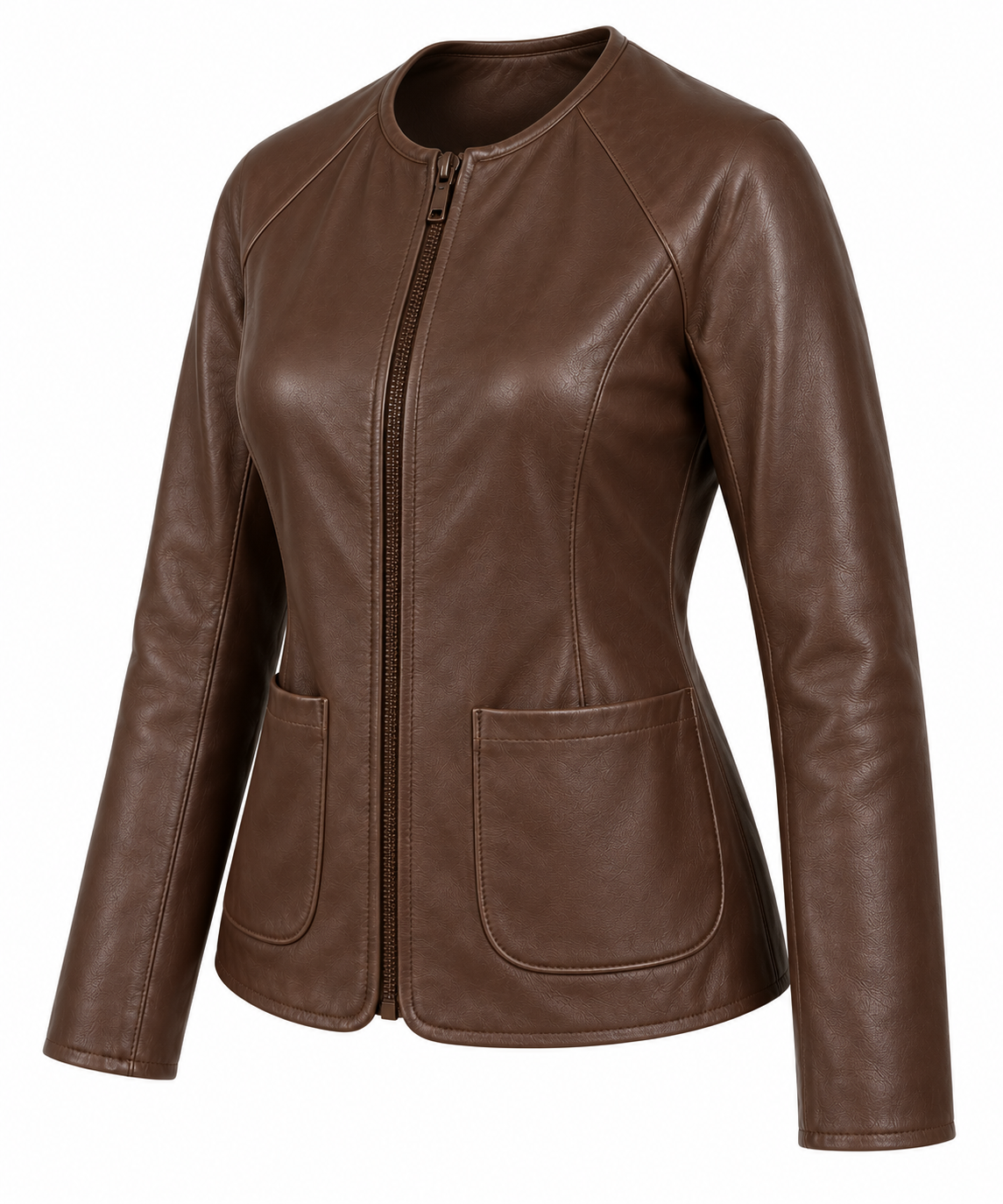 Women’s Brown Sheepskin Leather Raglan Collarless Zip Jacket — W017