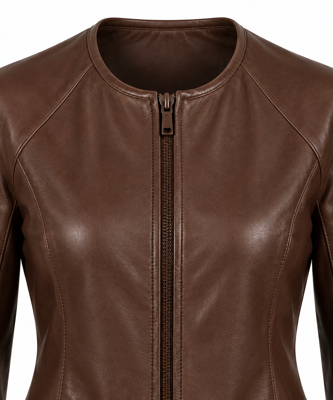 Women’s Brown Sheepskin Leather Raglan Collarless Zip Jacket — W017