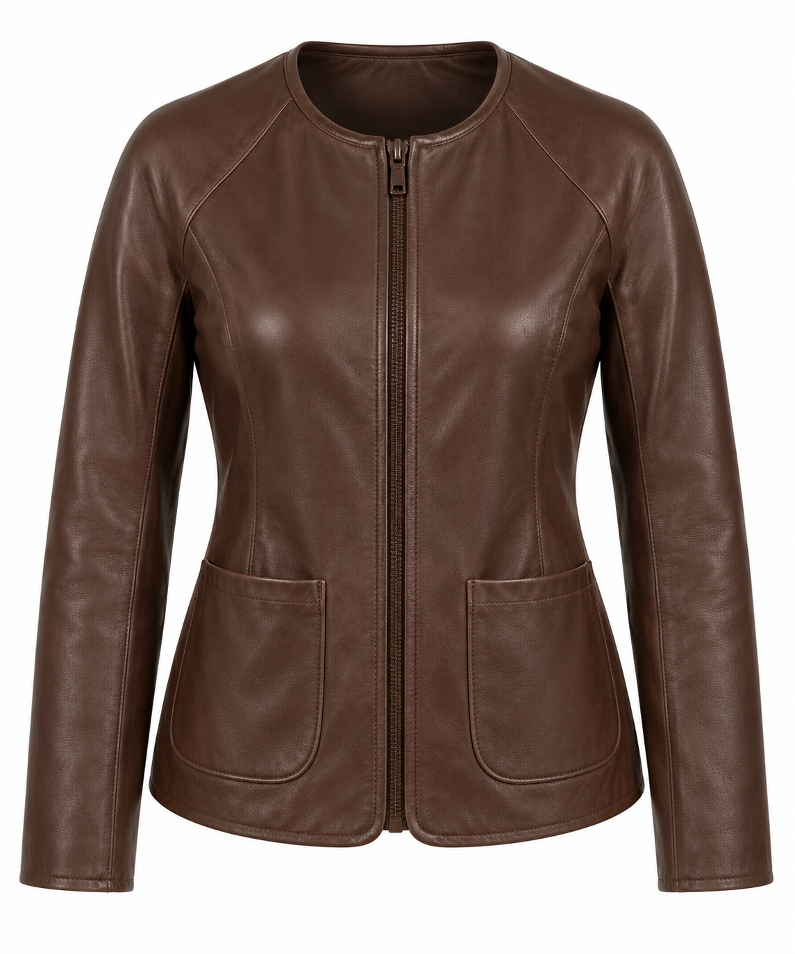 Women’s Brown Sheepskin Leather Raglan Collarless Zip Jacket — W017