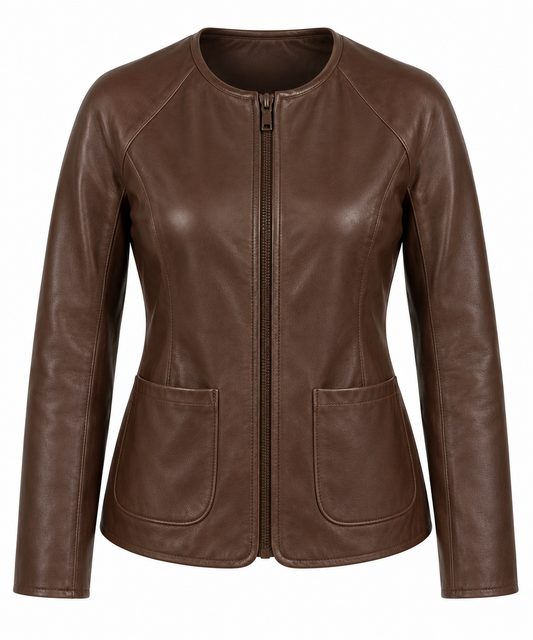 Women’s Brown Sheepskin Leather Raglan Collarless Zip Jacket — W017