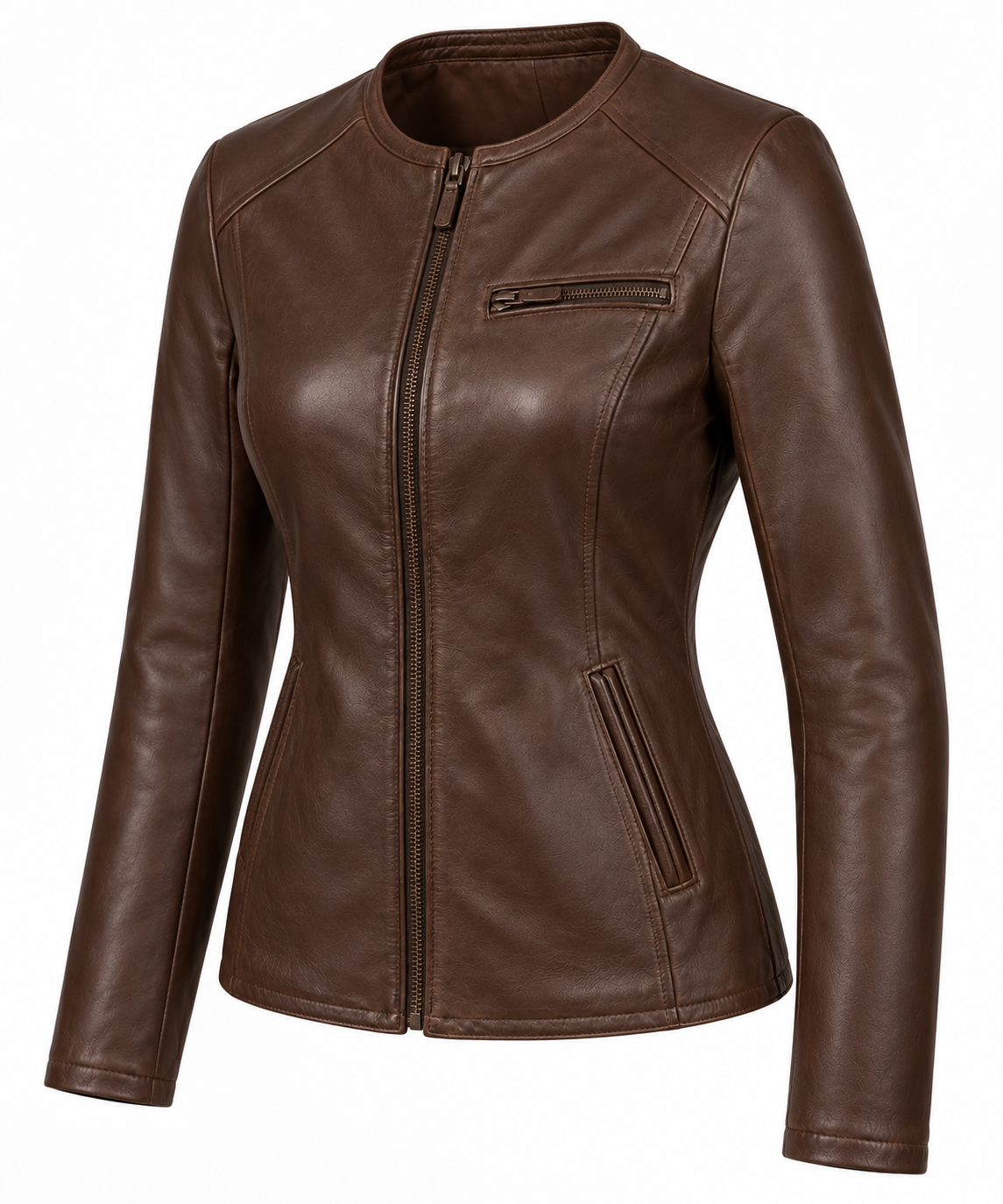 Women’s Brown Sheepskin Leather Chest-Zip Collarless Zip Jacket — W018
