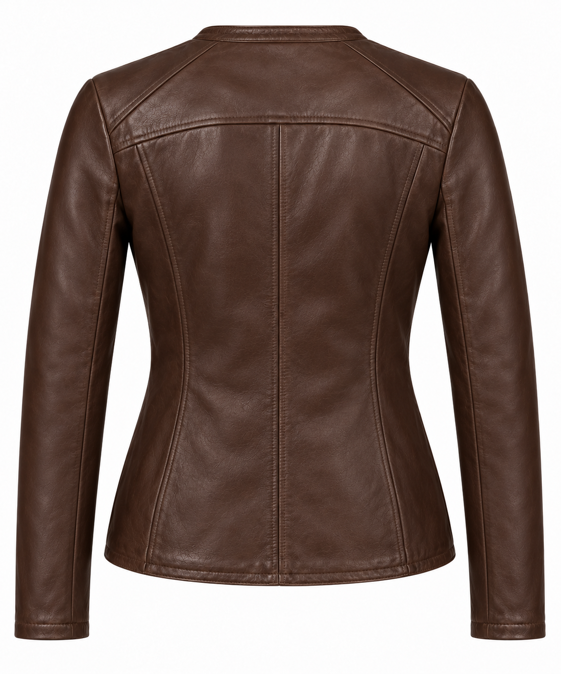 Women’s Brown Sheepskin Leather Chest-Zip Collarless Zip Jacket — W018