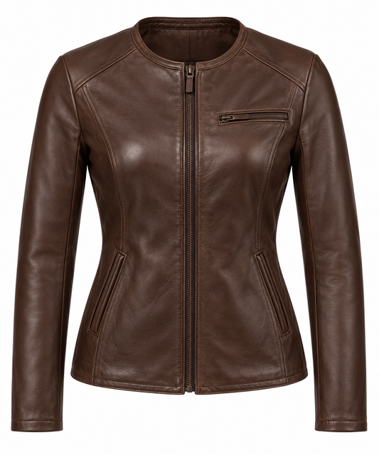 Women’s Brown Sheepskin Leather Chest-Zip Collarless Zip Jacket — W018
