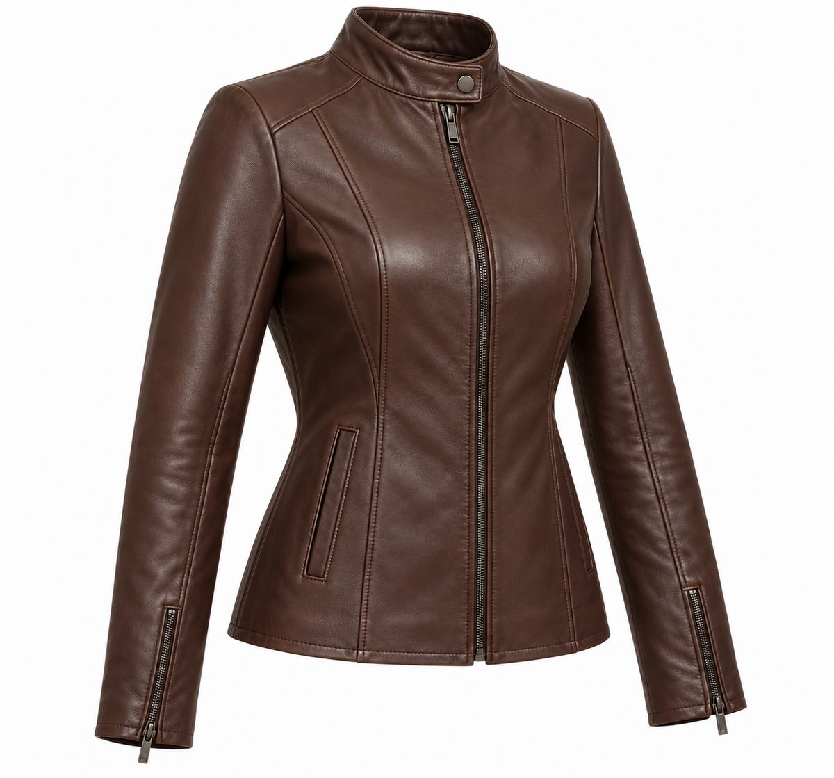 Women’s Brown Sheepskin Leather Princess-Seam Stand-Collar Racer Jacket — W021