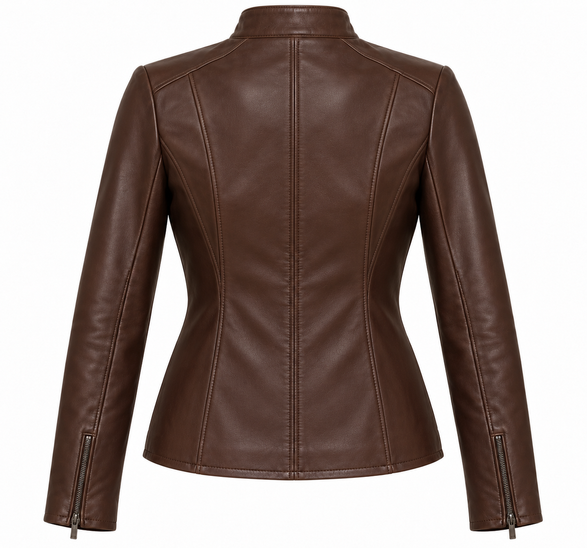 Women’s Brown Sheepskin Leather Princess-Seam Stand-Collar Racer Jacket — W021