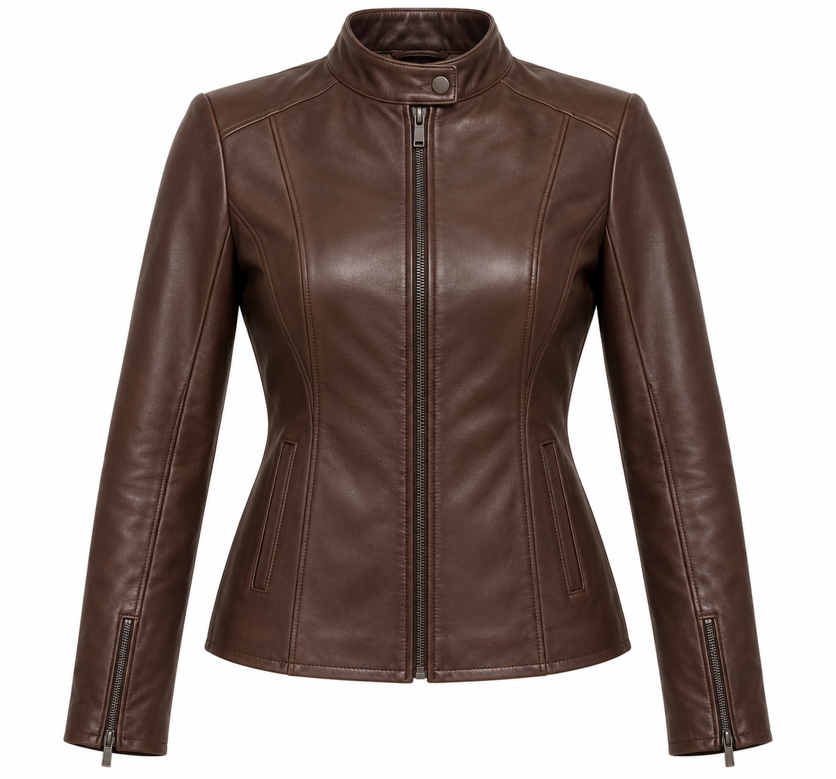 Women’s Brown Sheepskin Leather Princess-Seam Stand-Collar Racer Jacket — W021