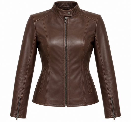 Women’s Brown Sheepskin Leather Princess-Seam Stand-Collar Racer Jacket — W021
