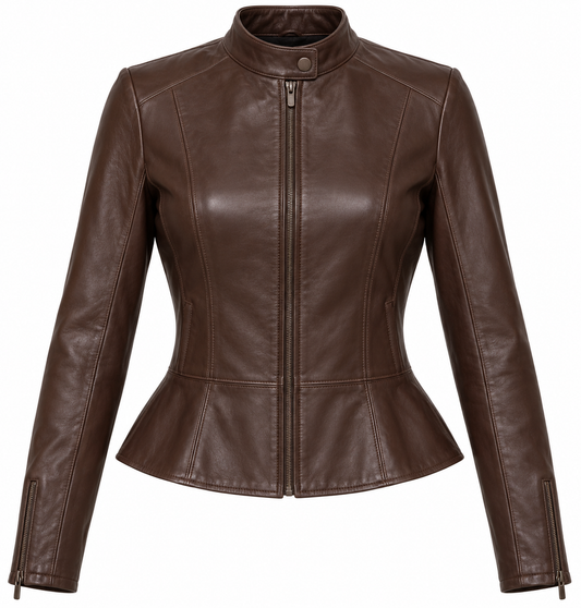 Women’s Brown Sheepskin Leather Peplum Stand-Collar Racer Jacket — W022