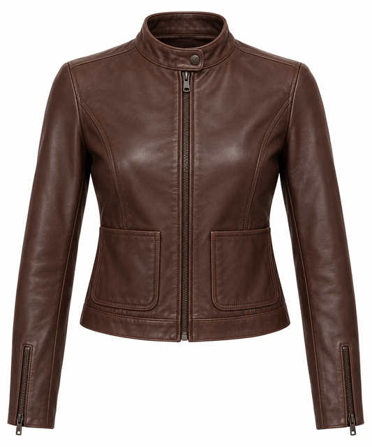 Women’s Brown Sheepskin Leather Cropped Patch-Pocket Stand-Collar Racer Jacket — W023