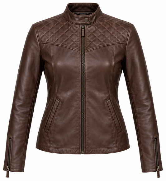 Women’s Brown Sheepskin Leather Diamond-Yoke Stand-Collar Racer Jacket — W024