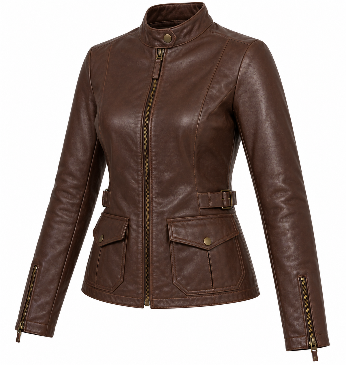 Women’s Brown Sheepskin Leather Buckle-Waist Stand-Collar Racer Jacket — W026