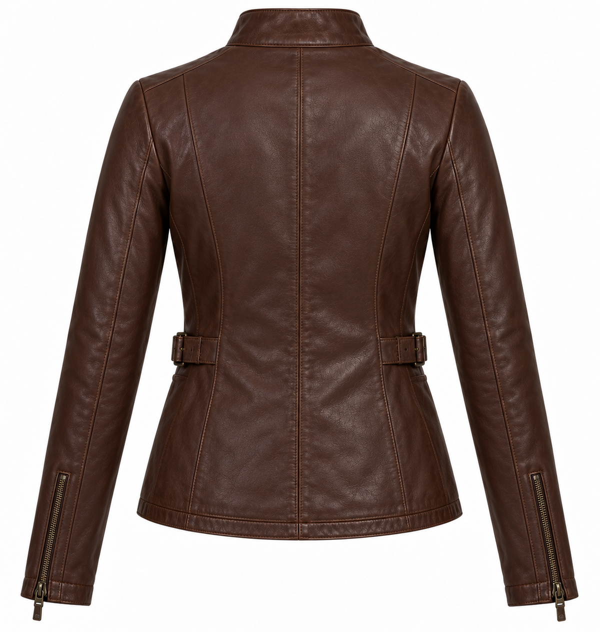 Women’s Brown Sheepskin Leather Buckle-Waist Stand-Collar Racer Jacket — W026