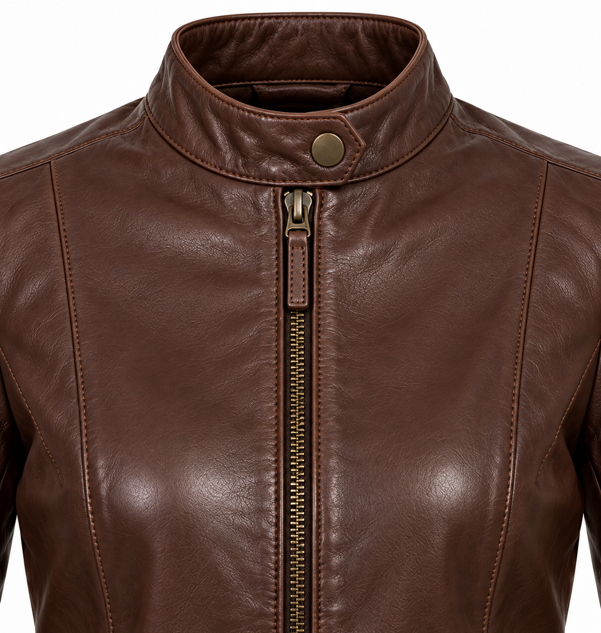 Women’s Brown Sheepskin Leather Buckle-Waist Stand-Collar Racer Jacket — W026