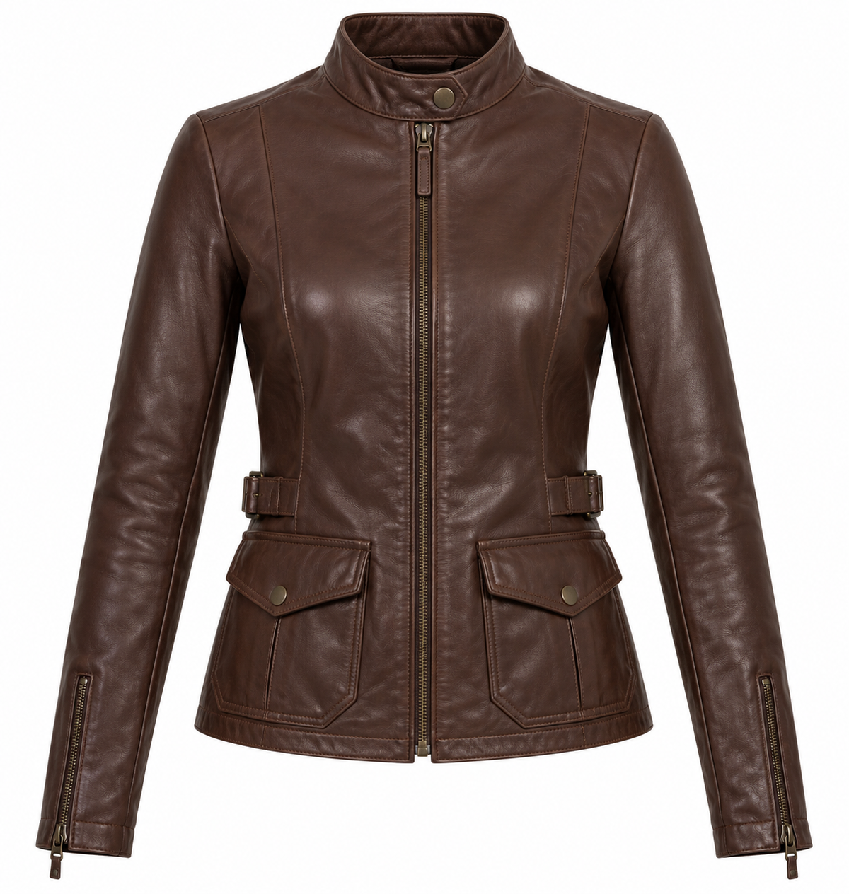 Women’s Brown Sheepskin Leather Buckle-Waist Stand-Collar Racer Jacket — W026